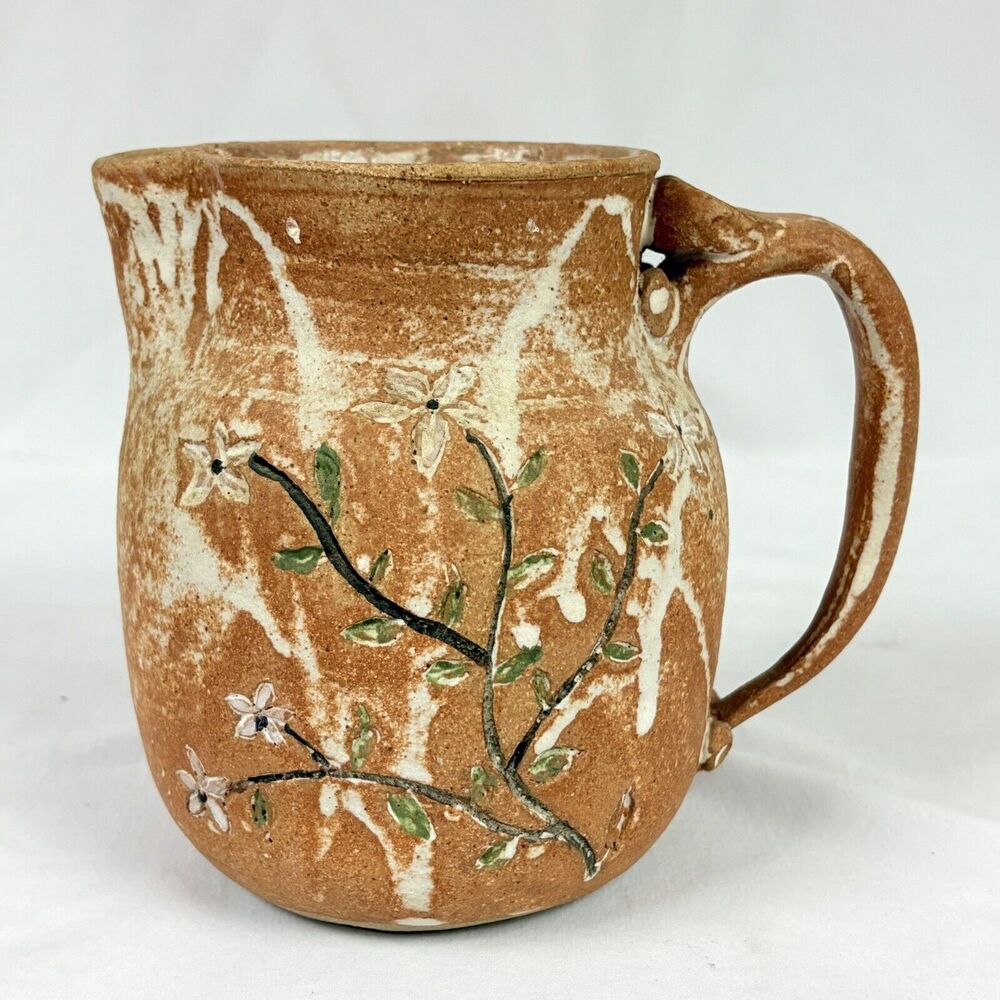 Studio Art Hand Crafted Stoneware Pottery Jug Pitcher Flowers Floral